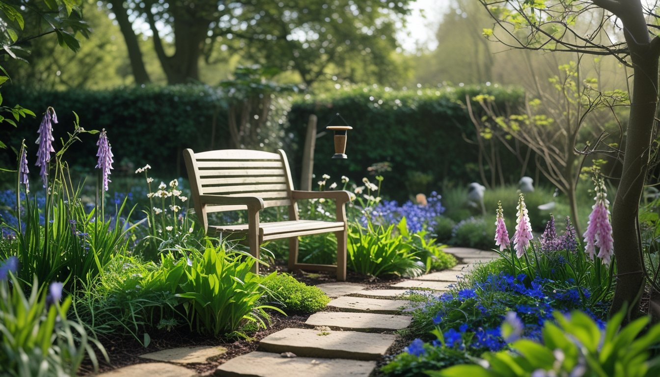 A peaceful UK garden with native plants, a wooden bench, butterflies, bees, and birds near a stone pathway under soft sunlight.