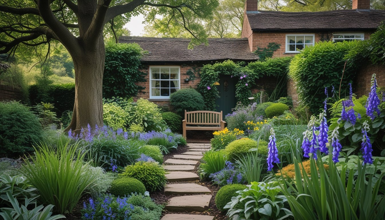 A peaceful UK garden with native plants, a stone pathway, a wooden bench under an oak tree, and a brick cottage in the background.