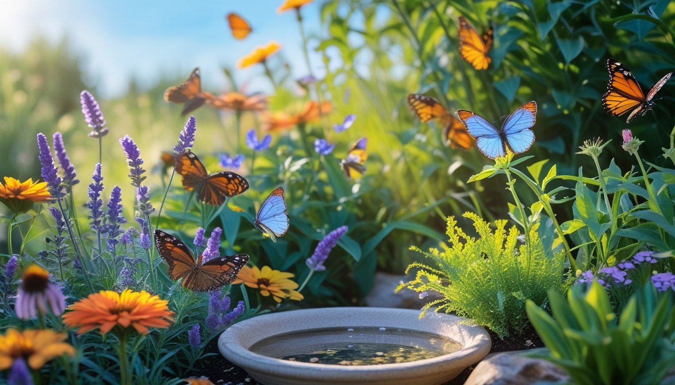A peaceful garden with colourful flowers, green plants, butterflies resting on blooms, and a small water source under sunlight.
