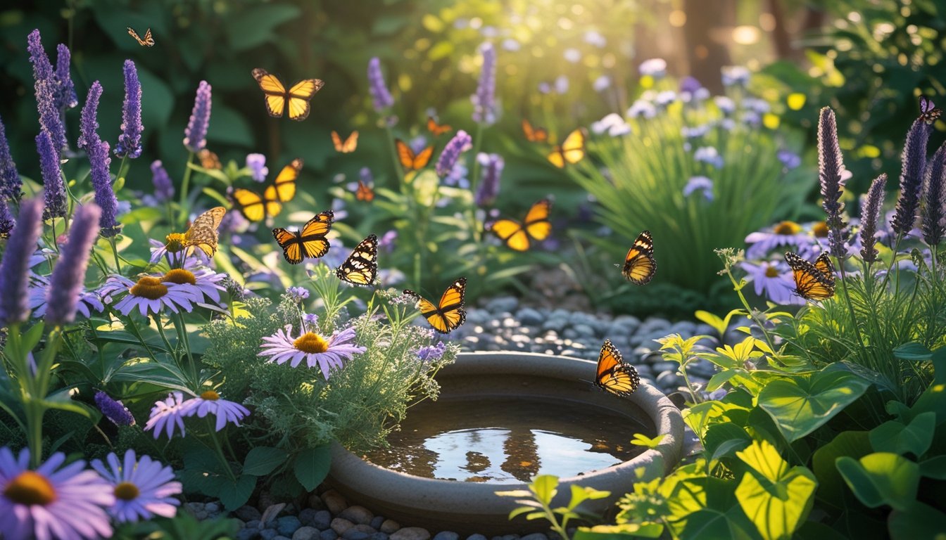 A peaceful garden with colourful butterflies resting on flowers and green plants surrounding a small water source.