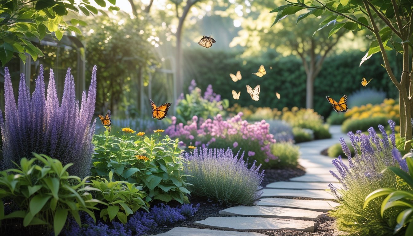 A colourful garden with flowering plants and butterflies fluttering among them under soft sunlight.