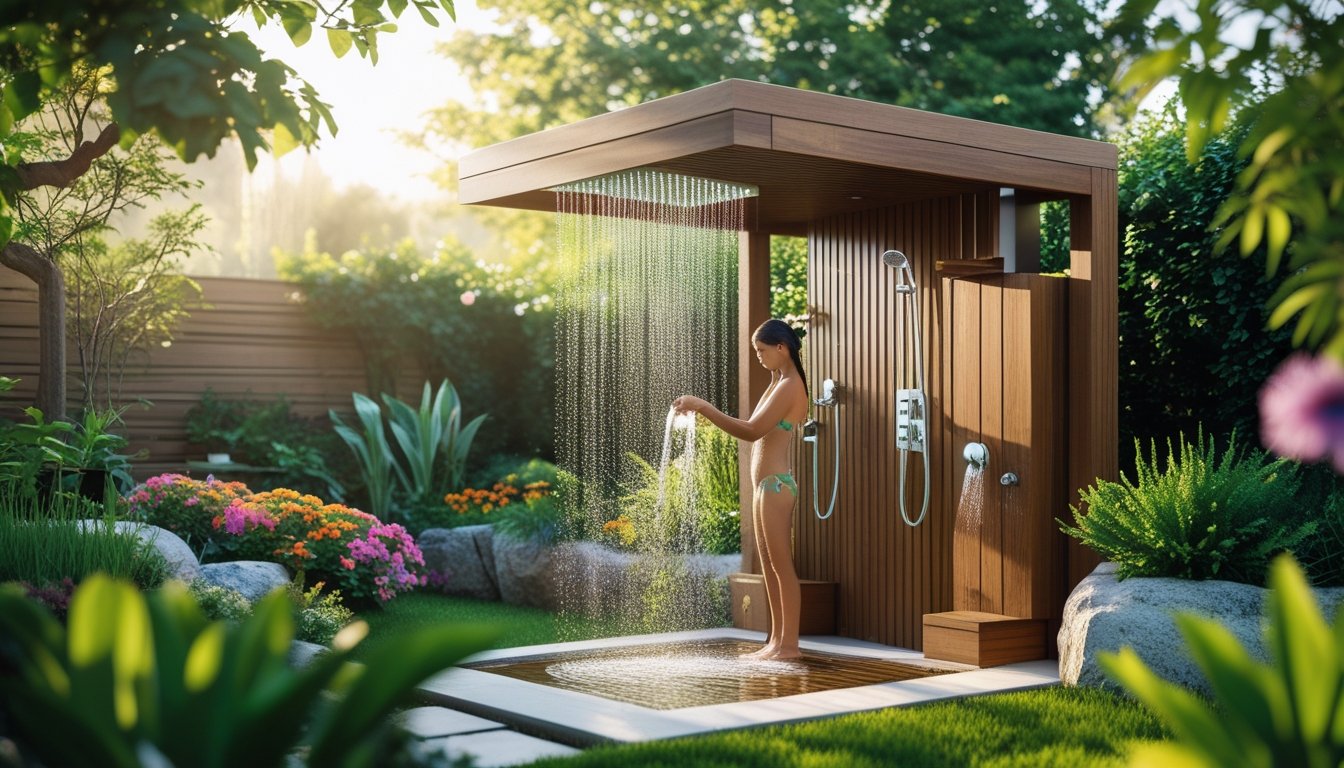 A person using a wooden outdoor garden shower surrounded by green plants and colourful flowers in a peaceful garden setting.