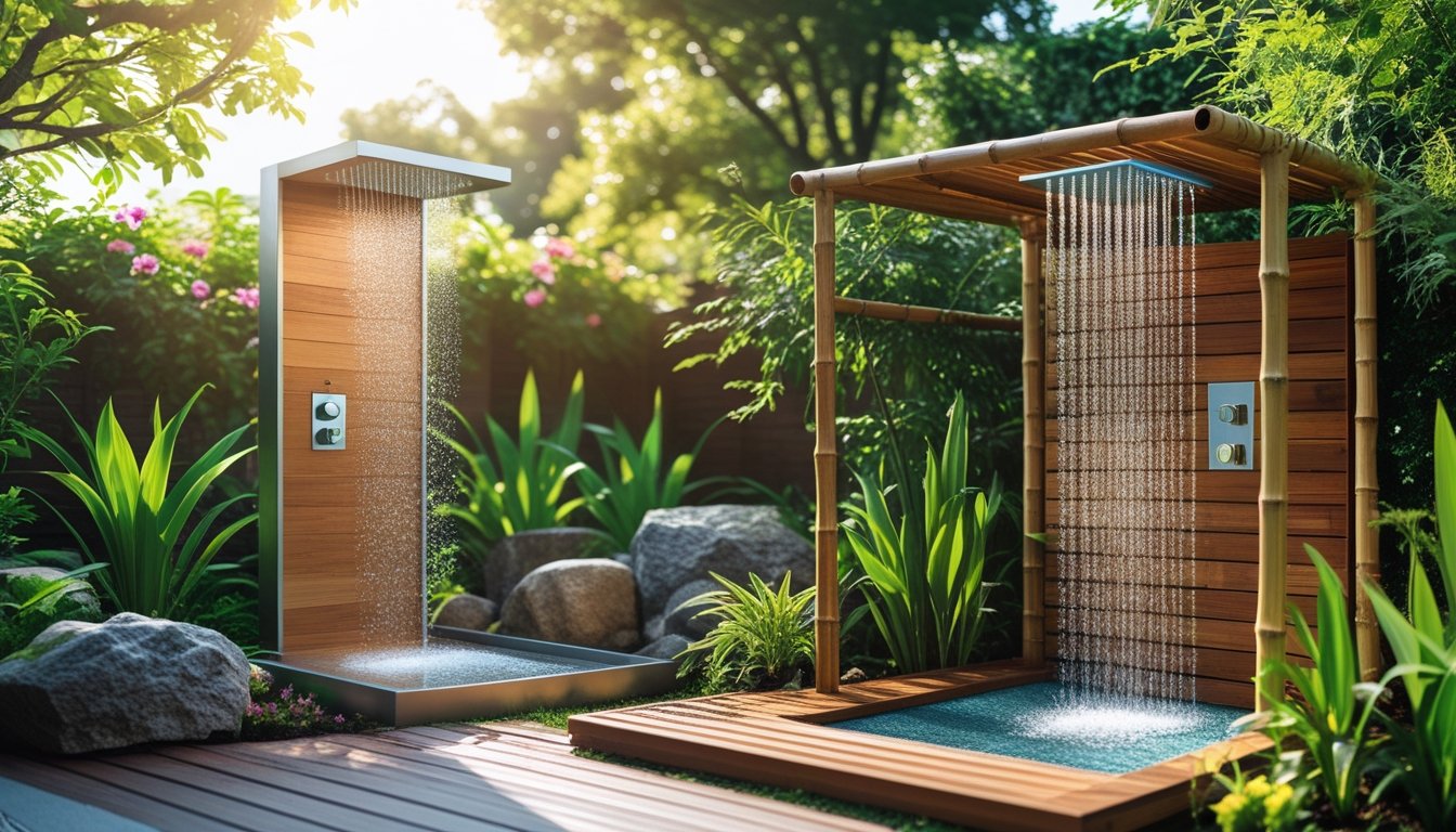 Outdoor garden with different types of showers surrounded by plants, flowers, and natural elements under sunlight.