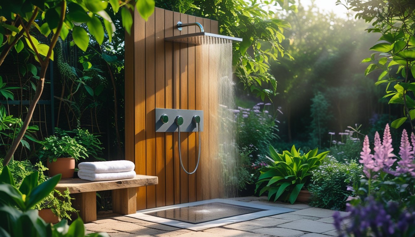 An outdoor garden shower with a metal fixture on a wooden panel, surrounded by green plants and flowers, with a towel on a wooden bench nearby.