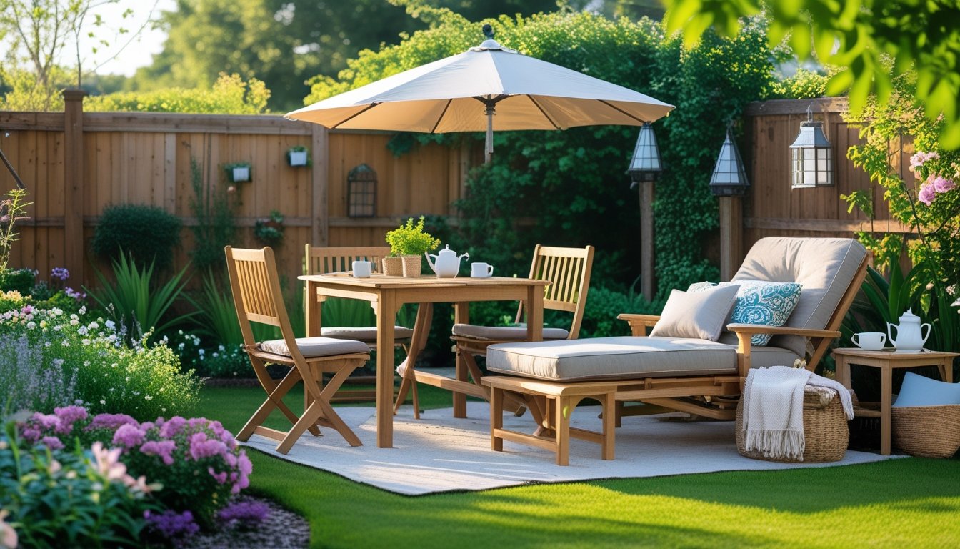 A garden with wooden dining table and chairs, a cushioned lounge chair, sun umbrella, flowering plants, and green grass.