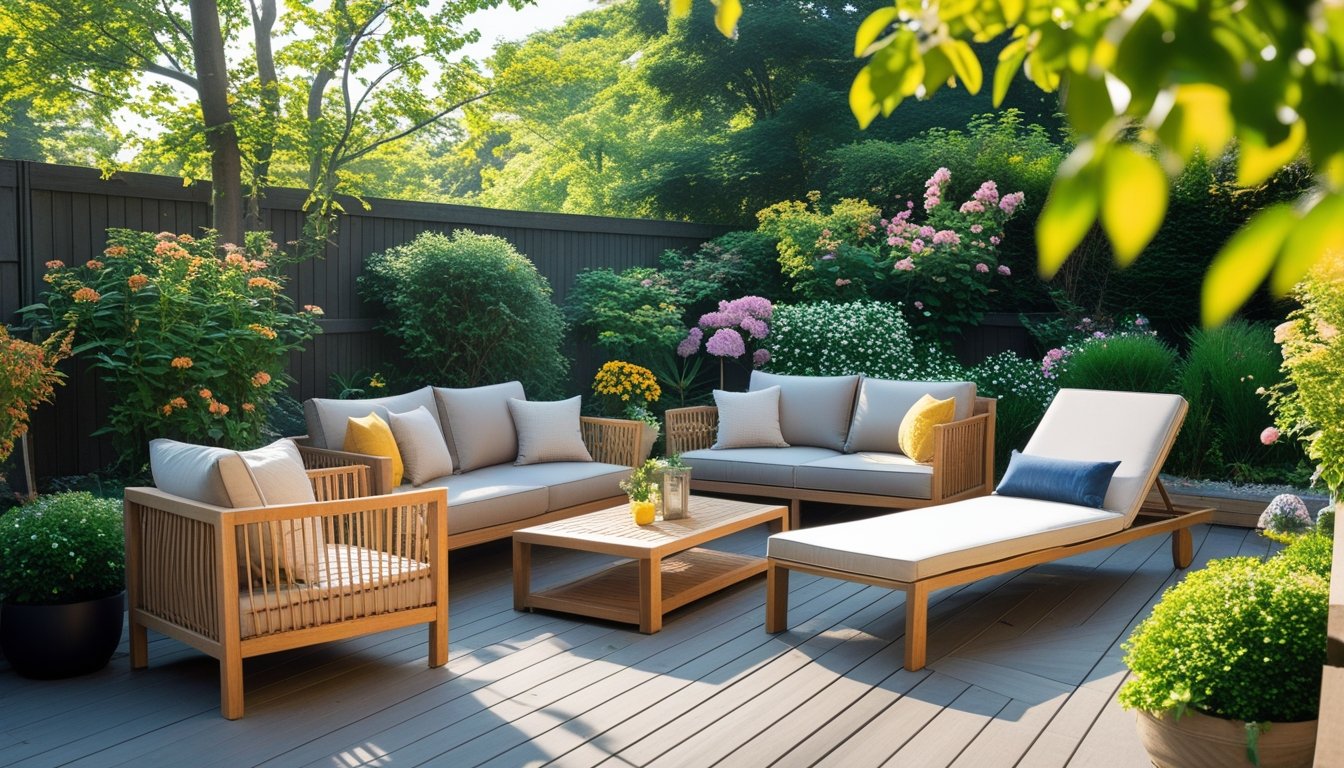 A garden deck with various comfortable garden furniture including a rattan sofa, wooden dining table with chairs, and a sun lounger surrounded by plants and flowers.