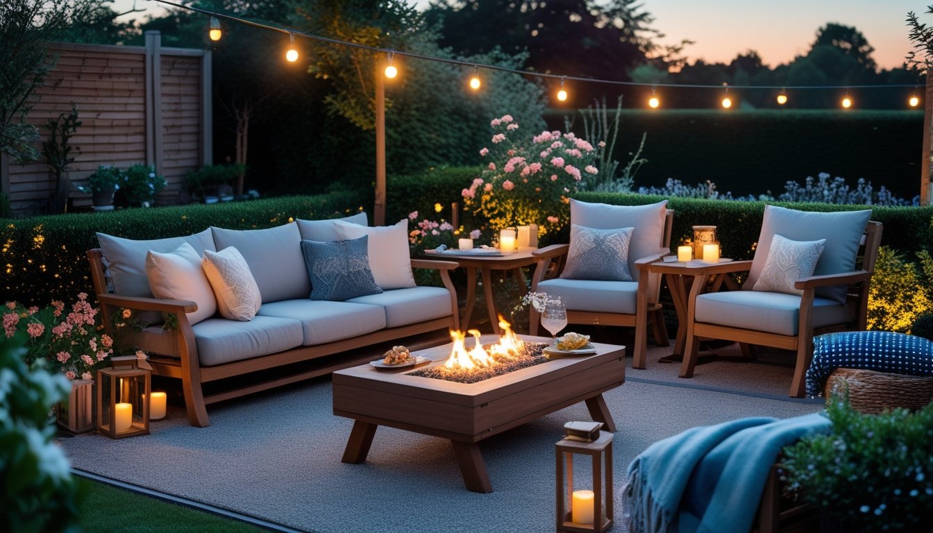 A garden with wooden furniture arranged around a fire pit, surrounded by plants and soft lighting in the evening.