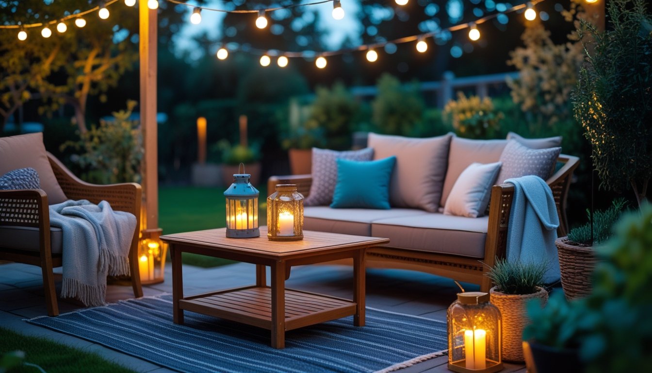 A cosy outdoor garden seating area with a sofa, cushions, lanterns, string lights, and plants during early evening.