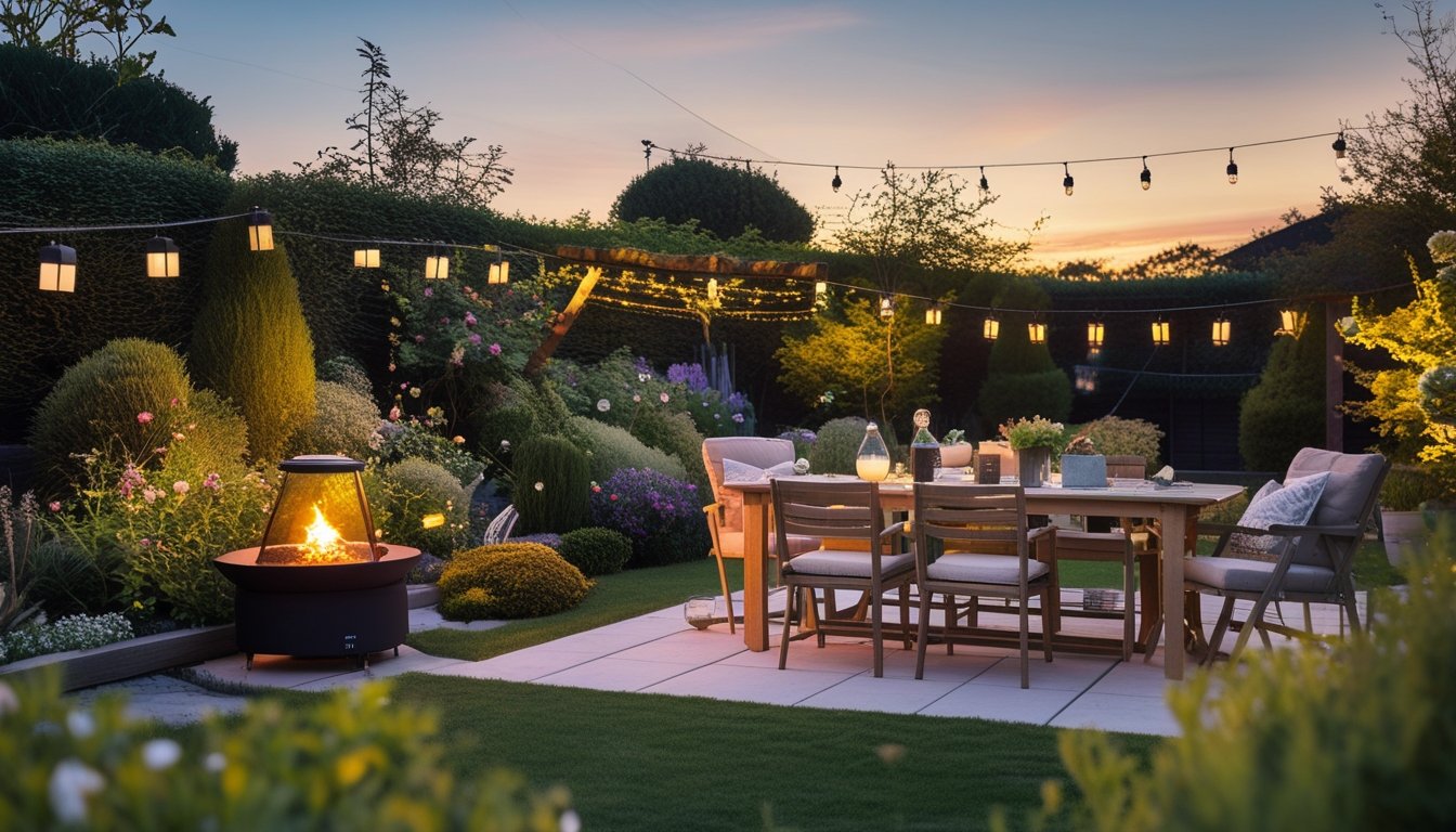 Outdoor garden with wooden table and cushioned chairs, warm lights, and plants during sunset.