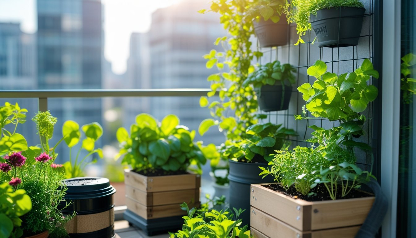A small urban balcony garden with various healthy plants in eco-friendly pots, a vertical garden, and a compost bin, set against a city backdrop.