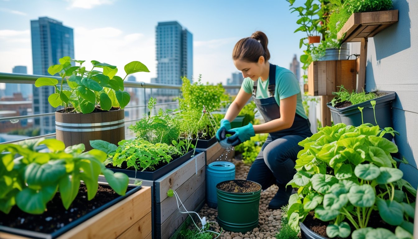 A small urban garden on a balcony with green plants in eco-friendly containers and a person tending to them, with city buildings in the background.
