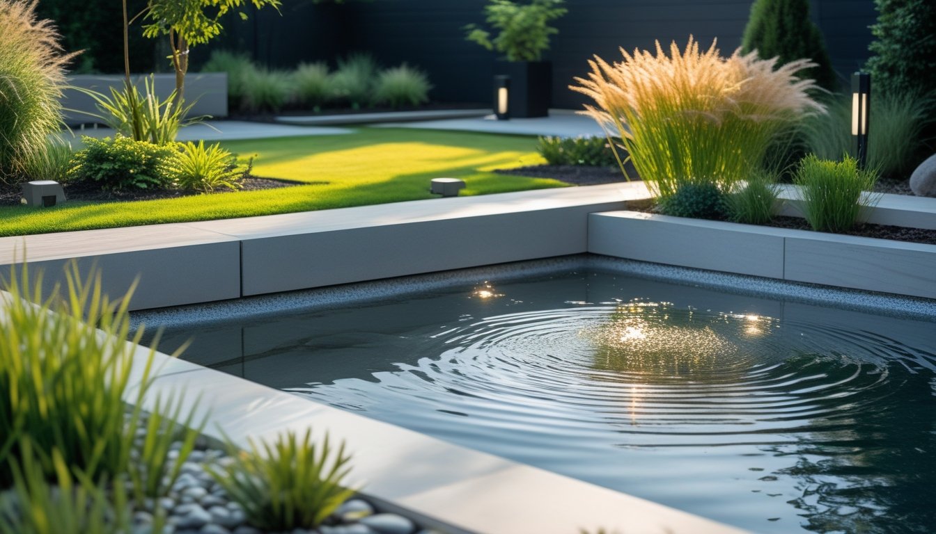 A modern garden with a clear water feature surrounded by stones and green plants under natural daylight.