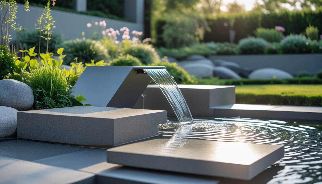 A modern garden with a sleek water fountain surrounded by green plants and flowers under natural daylight.