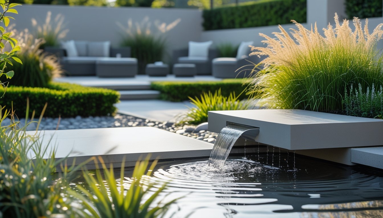 A modern garden with a sleek water fountain surrounded by green plants and flowers under natural daylight.