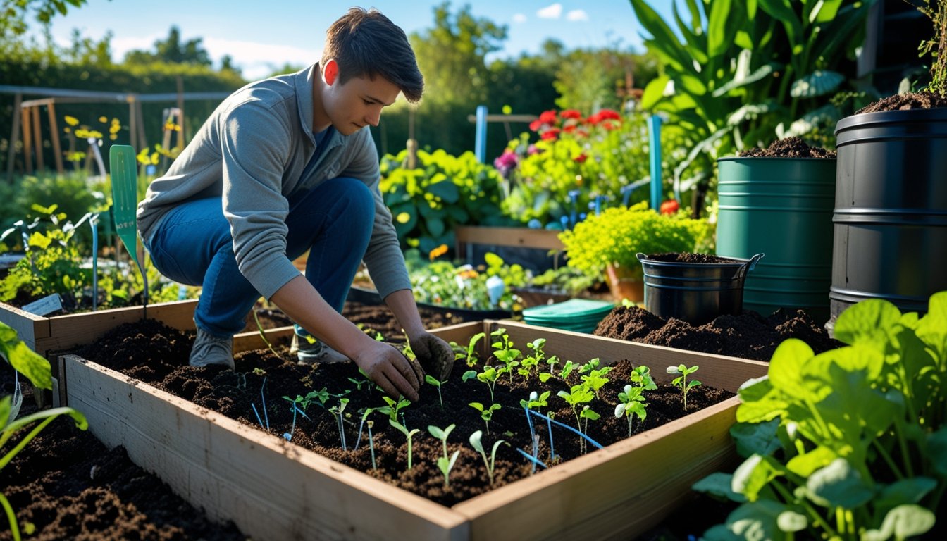 A person planting seedlings in a garden bed surrounded by plants and gardening tools.