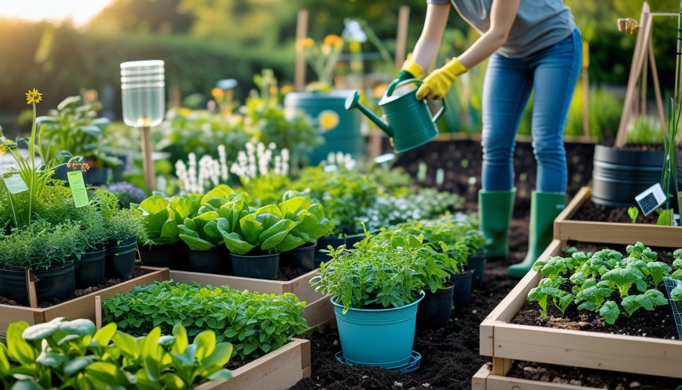 A person gardening outdoors, tending to plants in eco-friendly containers surrounded by natural gardening tools and sustainable garden features.