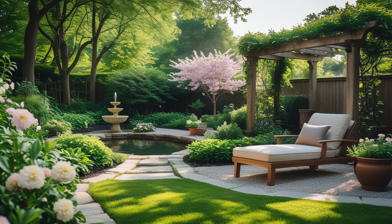 A peaceful garden with green plants, flowers, a wooden lounge chair, a stone path, and a small water feature surrounded by trees.