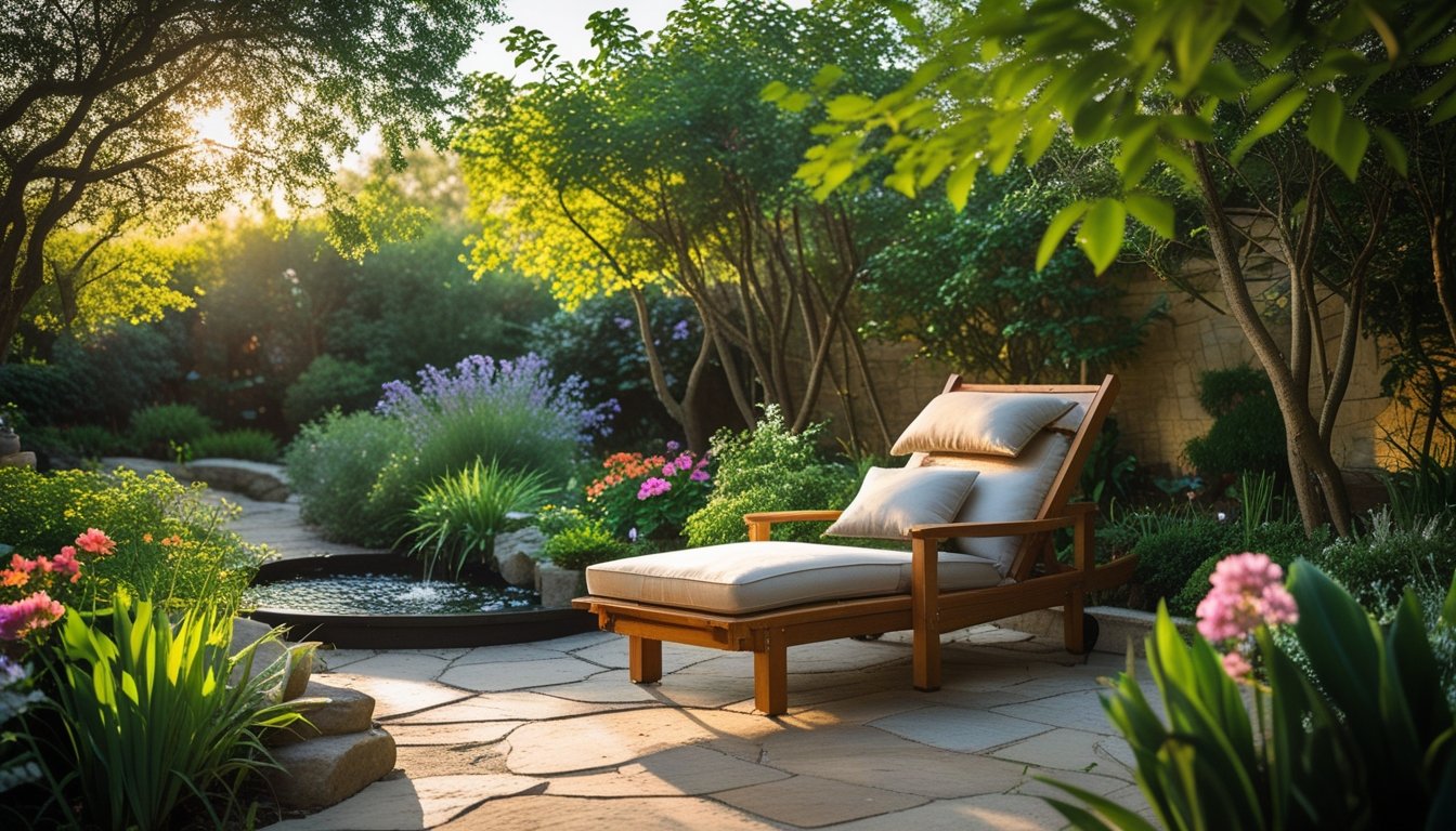 A peaceful garden with a wooden lounge chair surrounded by plants, flowers, and a small water feature under dappled sunlight.