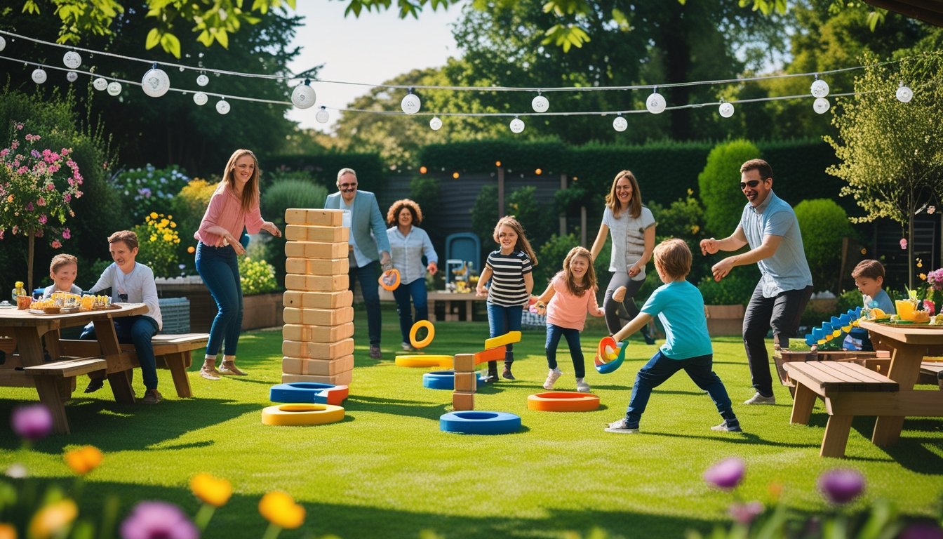 A group of people playing innovative outdoor games together in a garden on a sunny day.