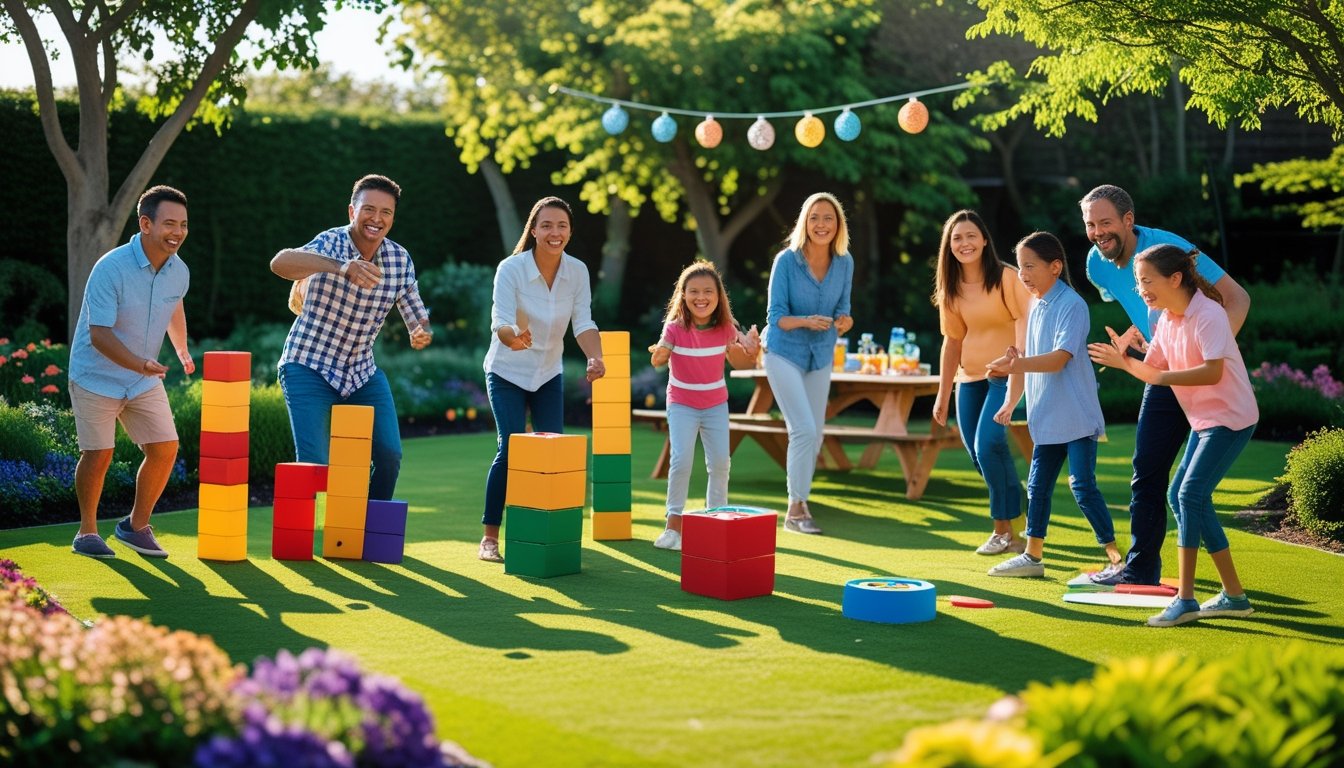 People enjoying innovative outdoor games in a sunny garden with green grass and colourful flowers.