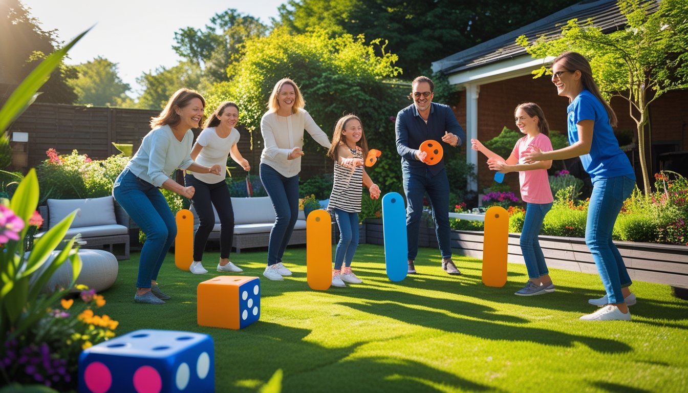 People of different ages enjoying innovative outdoor games together in a sunny garden.