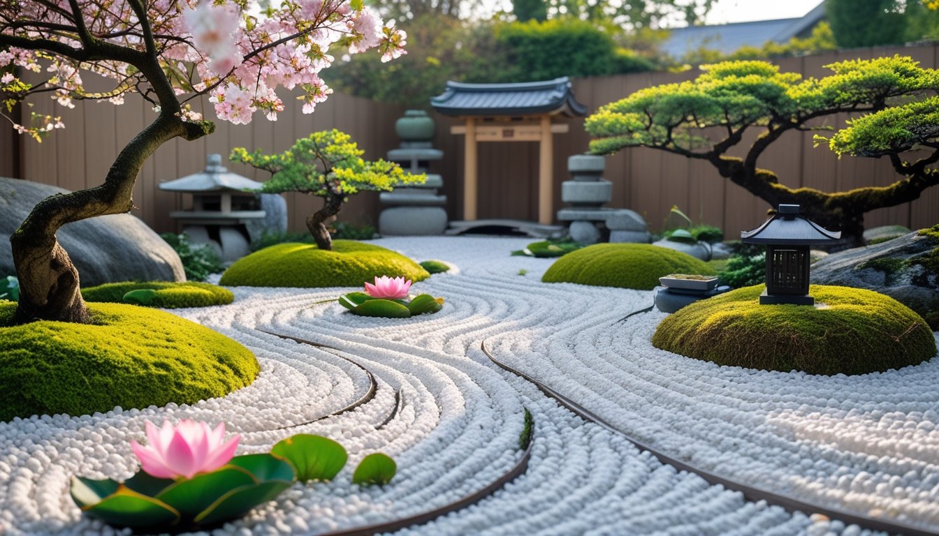 A peaceful Zen flower garden with raked white gravel, green moss, bonsai trees, and colourful flowers, featuring wooden elements like a small bridge and stone lanterns.