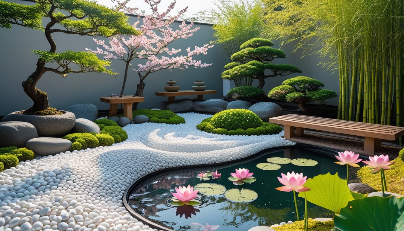 A peaceful Zen flower garden with bonsai trees, cherry blossoms, a koi pond with lotus flowers, bamboo, and wooden benches under soft sunlight.