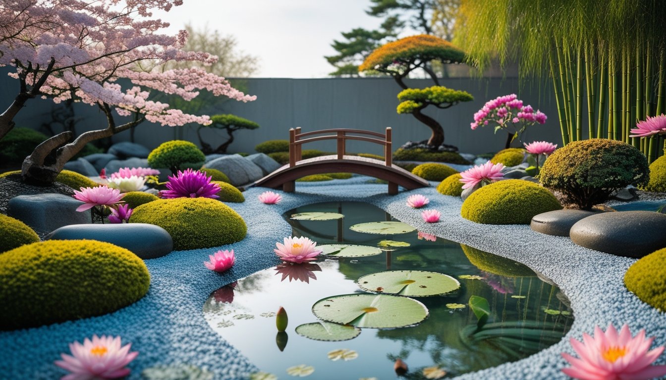 A peaceful garden with colourful flowers, a small wooden bridge over a pond, bamboo and bonsai trees creating a calm outdoor scene.