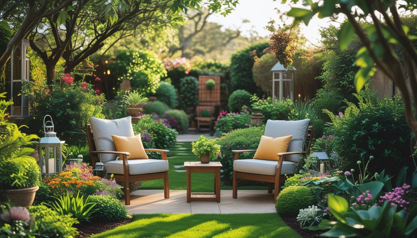 A garden seating area with cushioned chairs and a small table surrounded by colourful flowers and green plants under soft sunlight.