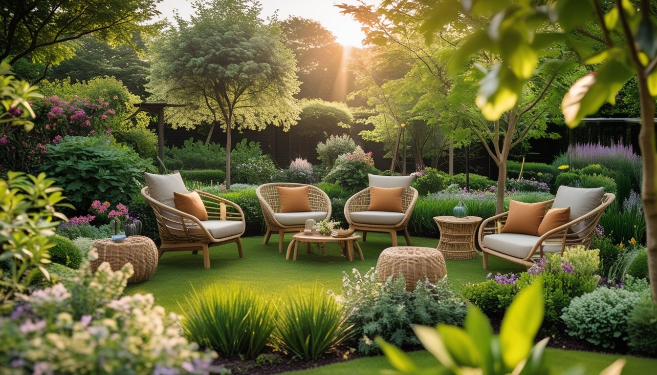 A peaceful garden with creative wooden and wicker seating surrounded by green plants and colourful flowers under soft sunlight.