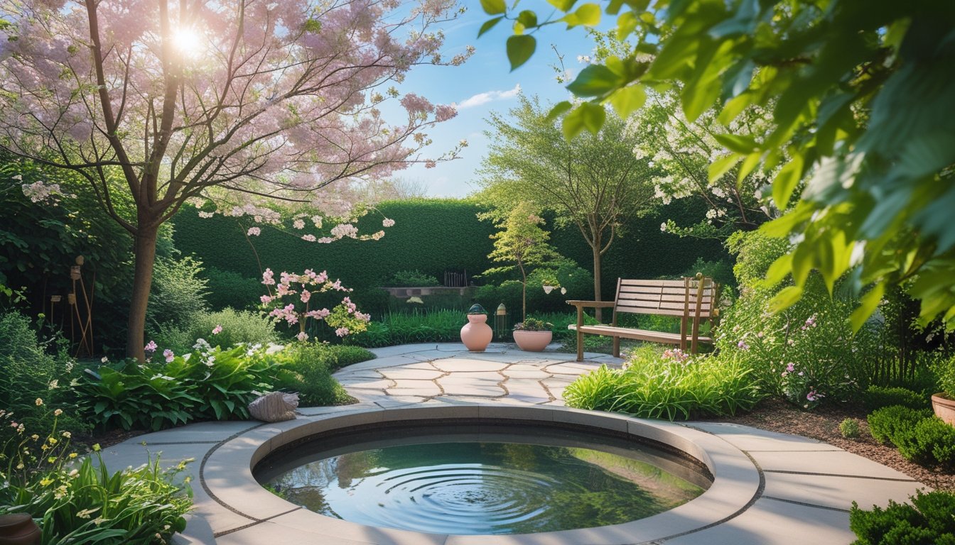 A tranquil garden with green plants, flowering trees, a wooden bench, and a small water feature under soft sunlight.