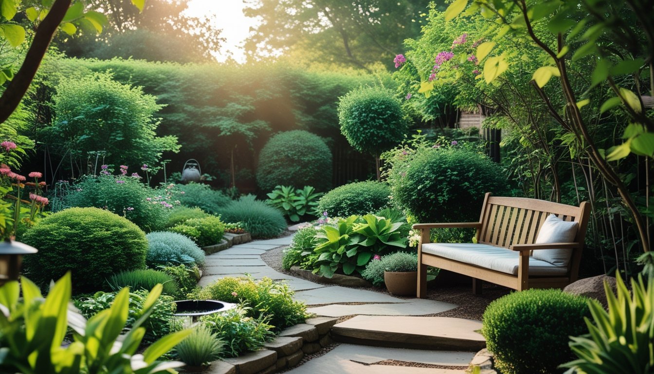 A peaceful garden with green plants, colourful flowers, a wooden bench, a stone path, and soft sunlight filtering through trees.