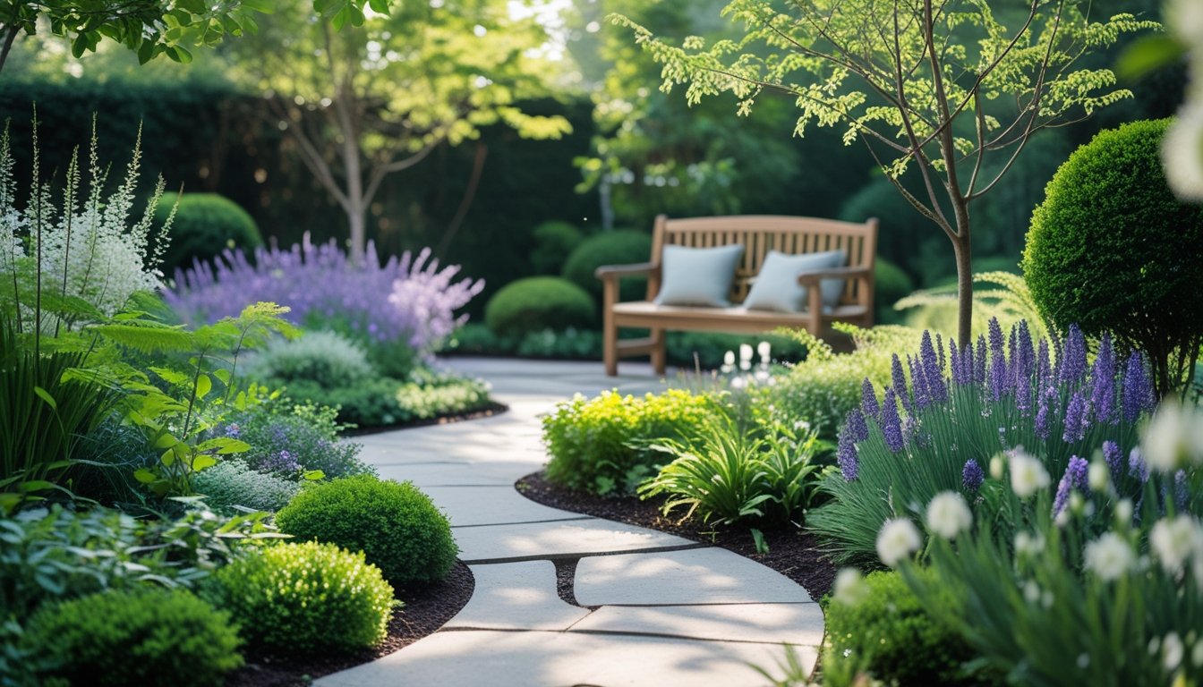 A peaceful garden with a stone pathway, flowering plants, trimmed bushes, and a wooden bench under trees.