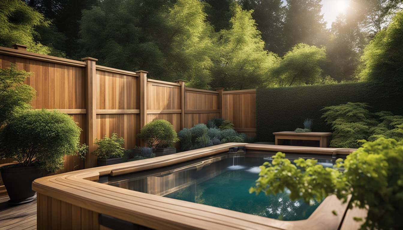 A tall wooden fence surrounds a secluded garden hot tub, with lush greenery and tall trees providing natural privacy. A strategically placed screen or trellis further enhances the seclusion