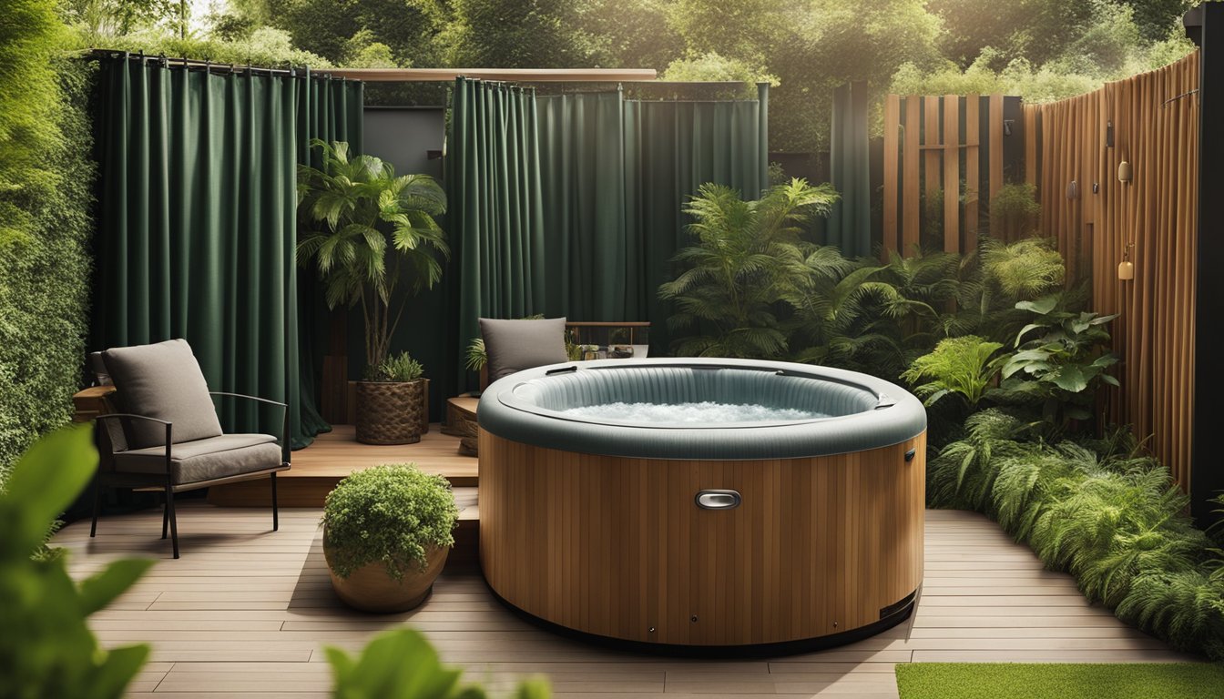 A secluded garden hot tub surrounded by tall privacy screens, lush greenery, and hanging curtains for maximum privacy