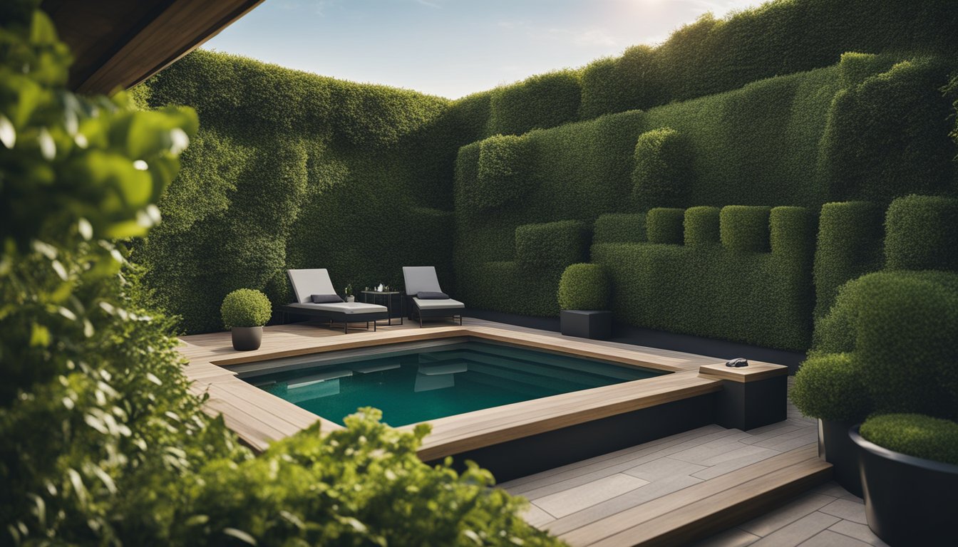 A secluded garden with tall hedges surrounding a luxurious hot tub, shielded from view. Privacy screens and lush greenery create a tranquil oasis