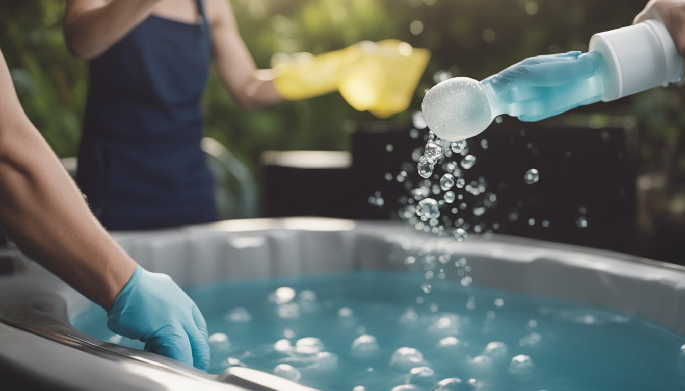 A person adds chemicals to a bubbling hot tub, testing the water's pH and chlorine levels. A skimmer removes debris from the surface