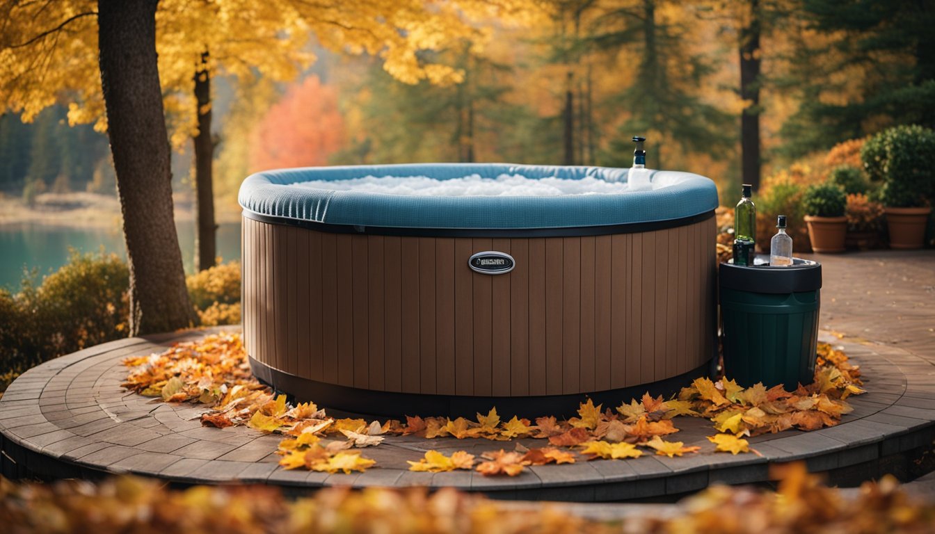 The hot tub cover is lifted off, revealing steaming water surrounded by colorful fall leaves. A basket of towels and a bottle of hot tub cleaner sit nearby