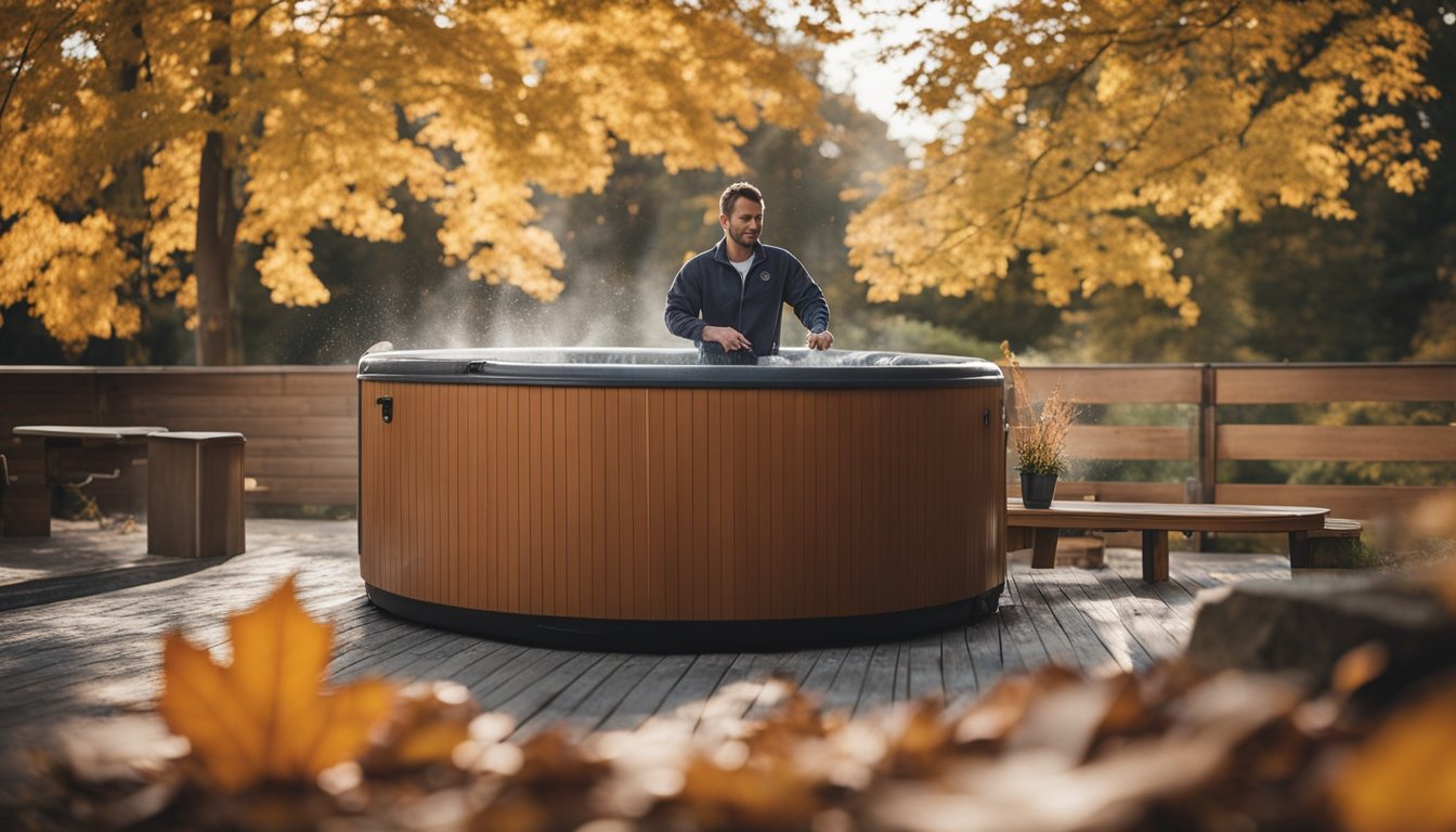 The hot tub is being prepared for autumn use, with a person adding water treatment chemicals and cleaning the tub. The autumn leaves are falling in the background