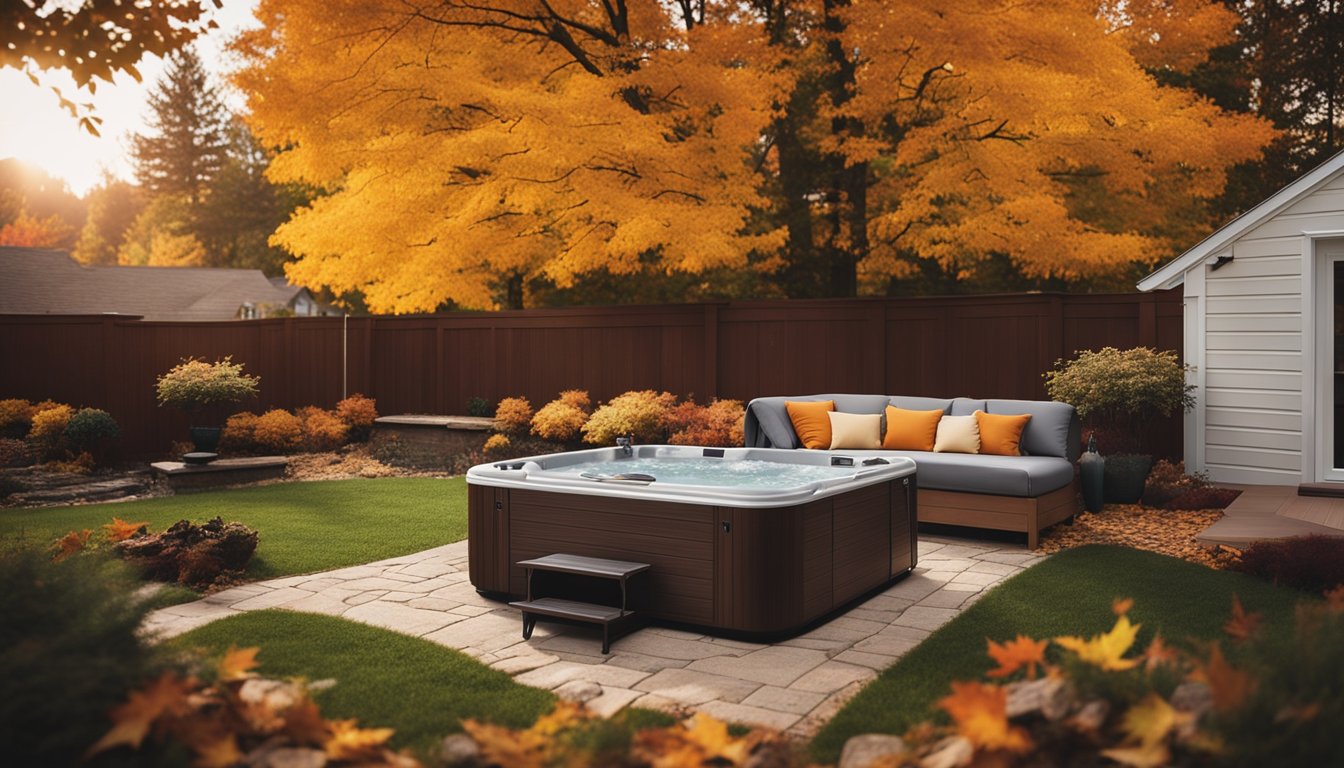 The hot tub is surrounded by colorful autumn leaves and a cozy fire pit. A cover is being removed, and the water is being tested and adjusted