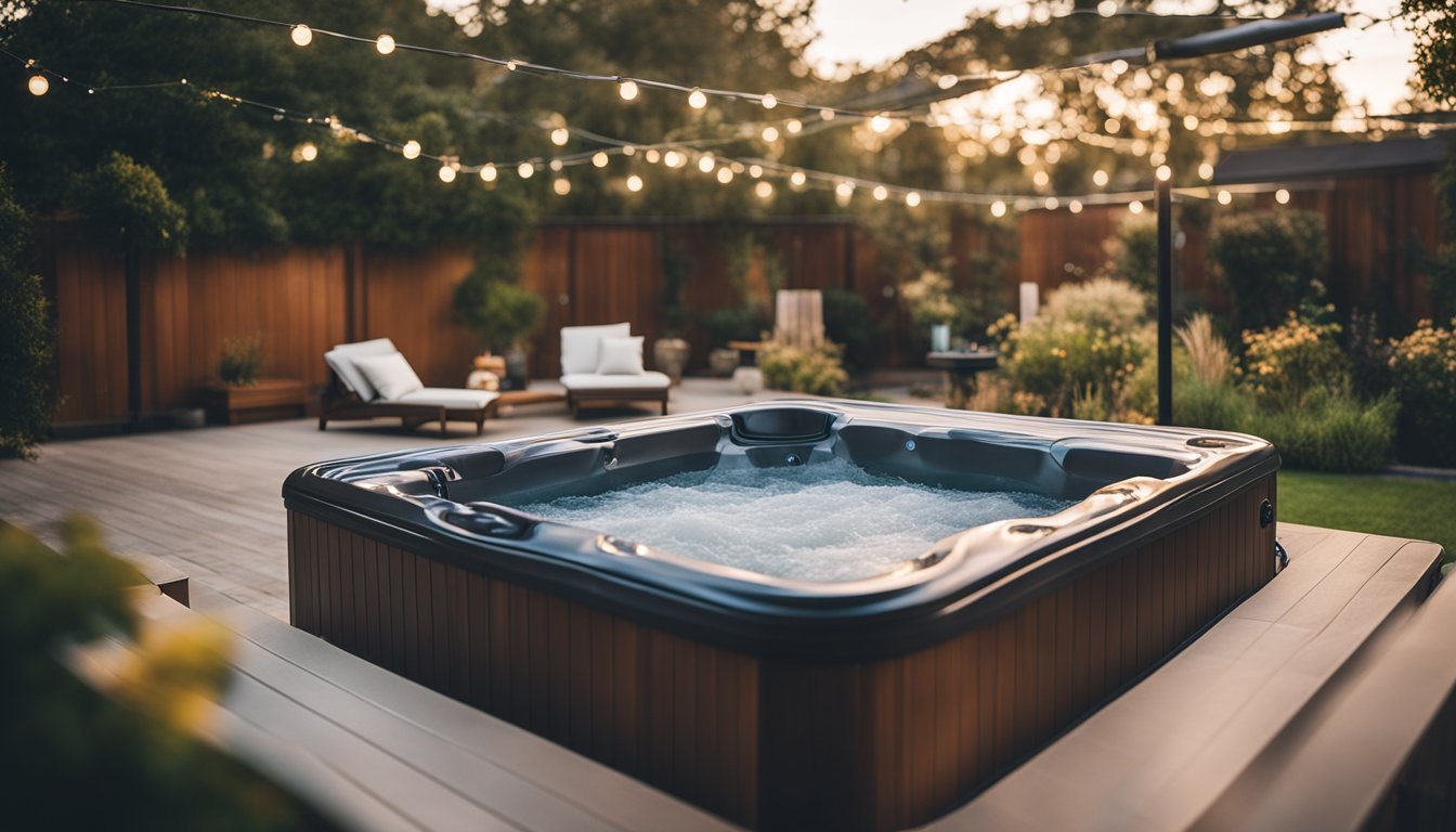 A hot tub nestled in a serene backyard, surrounded by energy-efficient lighting and insulated with a cover to retain heat