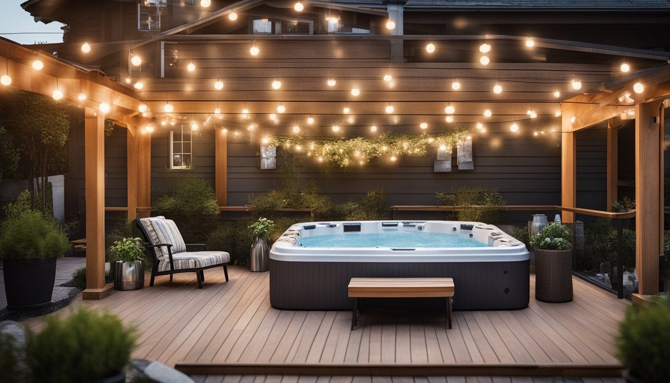 A hot tub surrounded by energy-efficient equipment and accessories, such as a cover, insulation, and efficient heating system, with clear labeling for each item