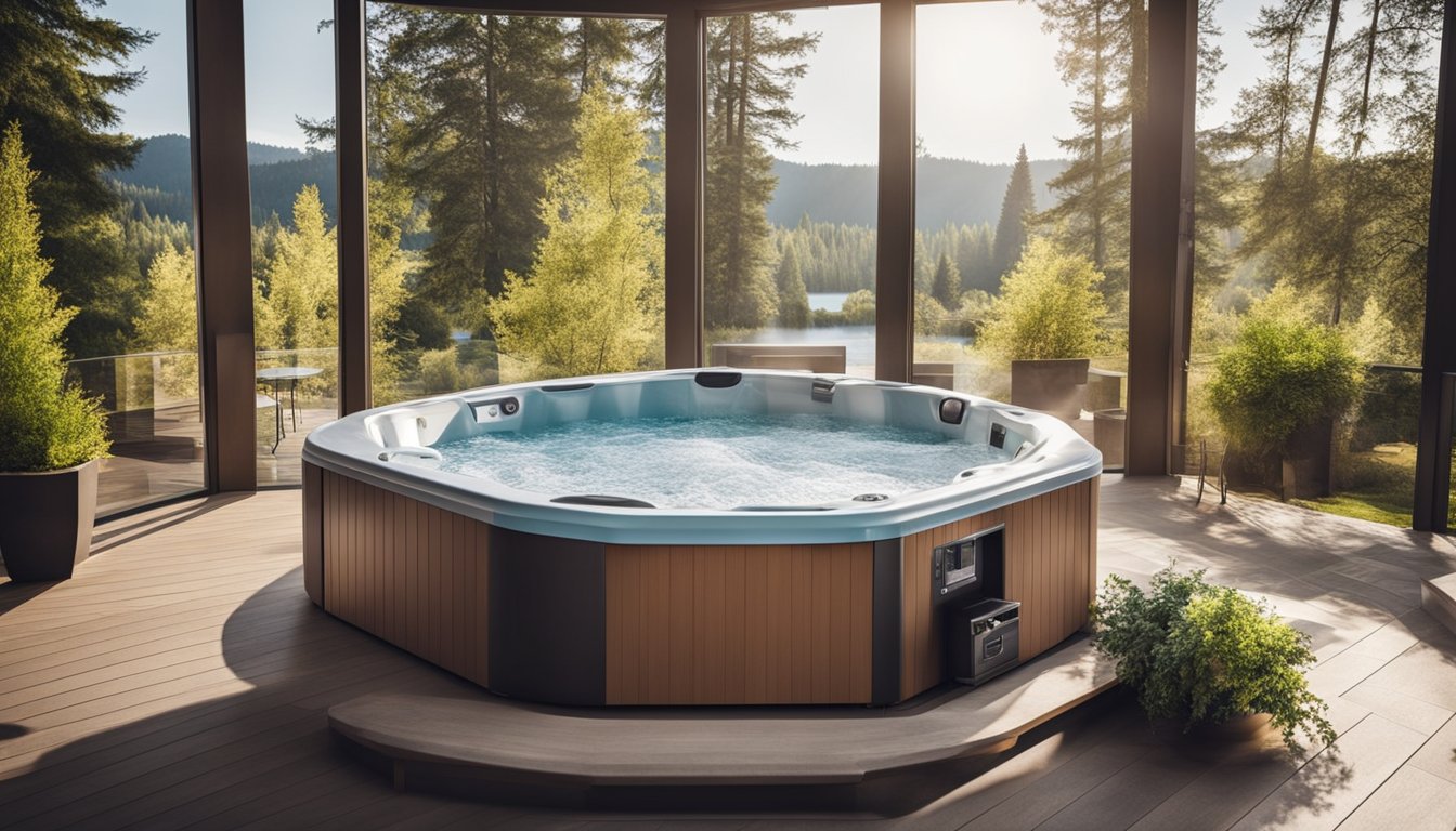 A hot tub surrounded by energy-efficient features like insulation, cover, and efficient heating system. Clear instructions and tips displayed