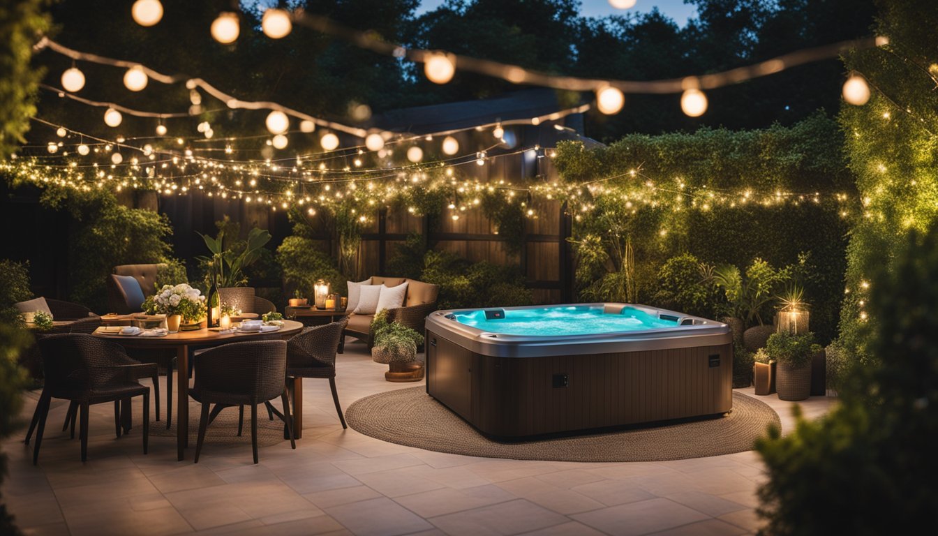 A lush garden with a hot tub as the centerpiece, surrounded by twinkling lights, comfortable seating, and a table with an array of refreshments