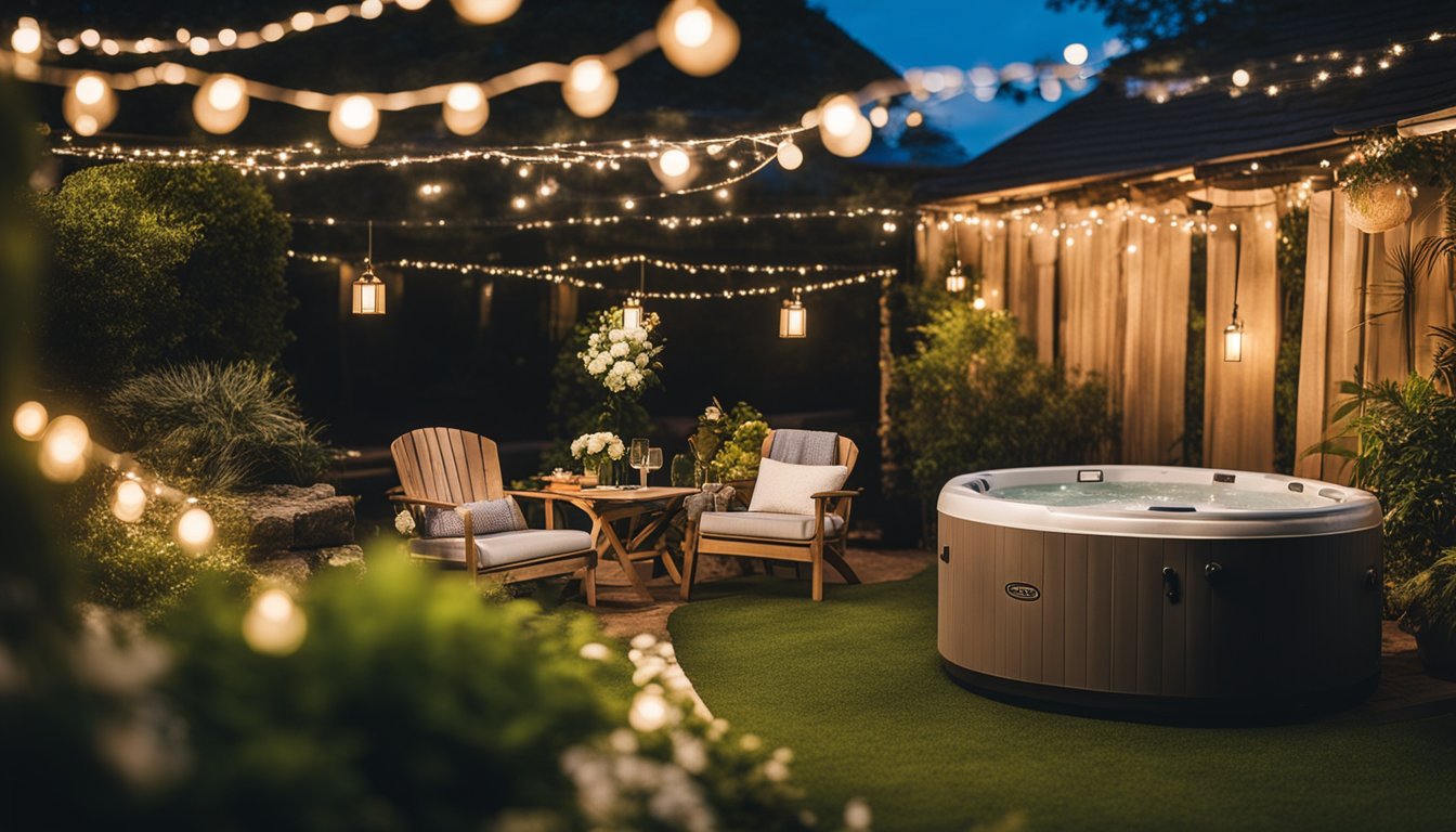 A lush garden with a hot tub as the focal point, surrounded by twinkling string lights and comfortable seating. A table is set with refreshments and a sign reads "FAQ: How to Plan the Perfect Hot Tub Garden Party."