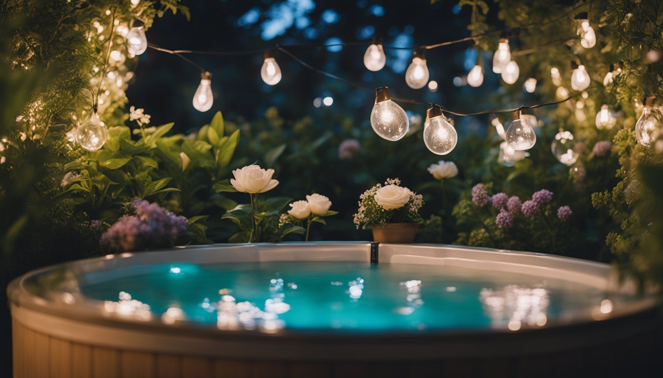 A cozy hot tub sits in a lush garden, surrounded by twinkling fairy lights and fragrant flowers. Steam rises from the bubbling water, creating a romantic and inviting atmosphere for a serene evening