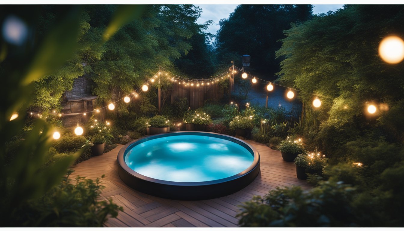 A cozy garden with twinkling fairy lights, a bubbling hot tub surrounded by lush greenery, and a starry night sky overhead