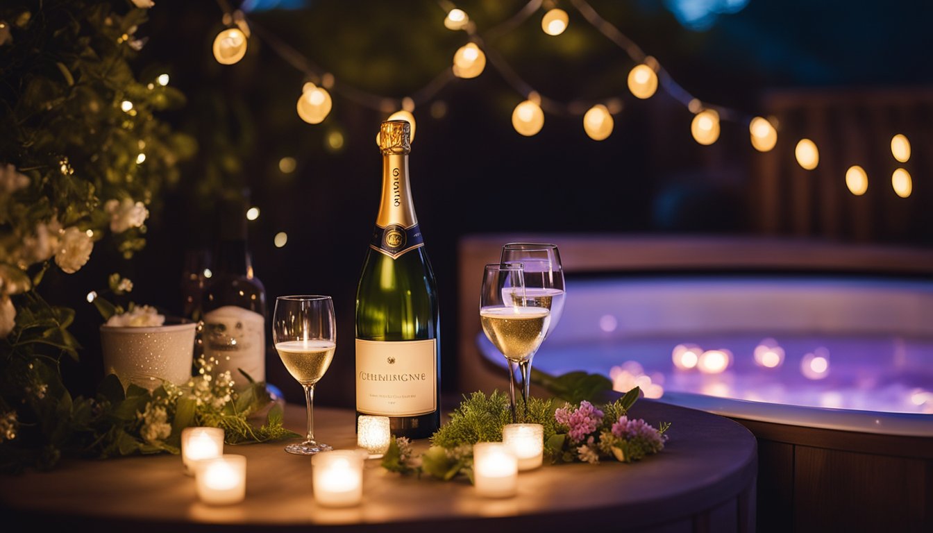 A cozy garden at night with a lit hot tub, surrounded by candles and fairy lights, with a bottle of champagne and two glasses on a nearby table