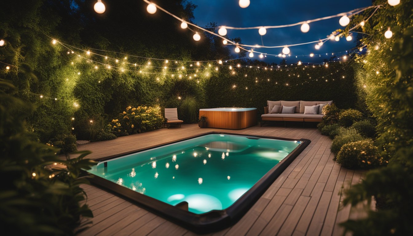 A cozy garden setting with a hot tub surrounded by twinkling lights and lush greenery, perfect for romantic evenings