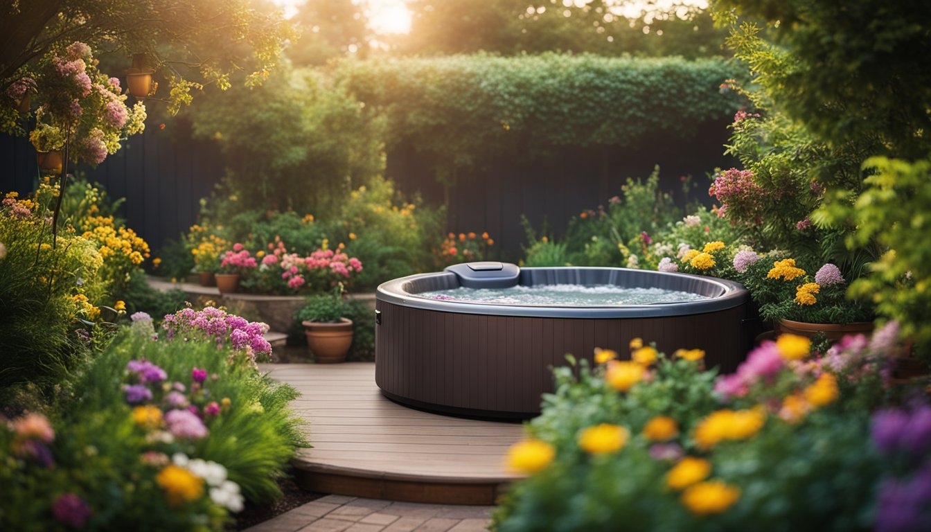 A lush garden with a hot tub as the focal point, surrounded by colorful flowers, cozy seating, and ambient lighting for a relaxing atmosphere